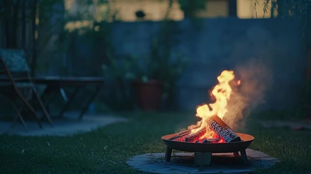 Outdoor fire pit at night, surrounded by grass.