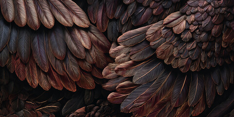 Close-up of dark brown and bronze bird feathers texture, showing intricate details, suggesting elegance, mystery, and freedom, ideal for design background