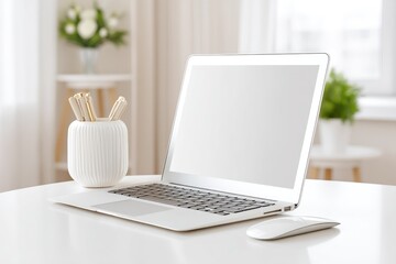 Clean Workspace Featuring a Laptop, Notebook, and Ruler on a Bright Table With Indoor Plants in the Background
