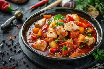 Hearty seafood stew made with cuttlefish, red peppers, ripe tomatoes, shellfish, and prawns in a flavorful Mediterranean sauce
