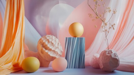 Pastel dessert balls on abstract podium with fabric for product shoot confectionery candy soft colorful shapes