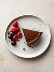 Slice of chocolate tart on a white plate. the tart has a triangular shape and is covered in a thick layer of dark chocolate.