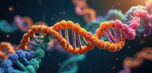 Fototapeta premium 3D illustration of protein structure or DNA double helix. Amino acid chain or biomolecule chain spiral. Biochemistry biology, gene, genome, complex, molecular biology, biotechnology.