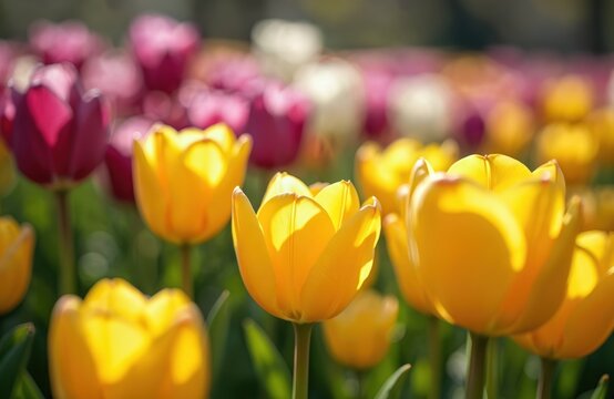 Yellow and purple tulips bloom in garden during springtime. Beautiful spring flowers, bright sunlight. Nature background with flowerbed. Selective focus, vibrant colors. Holiday, vacation mood.