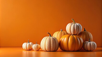 A cluster of pumpkins in various sizes and patterns, resting on a vibrant orange surface.