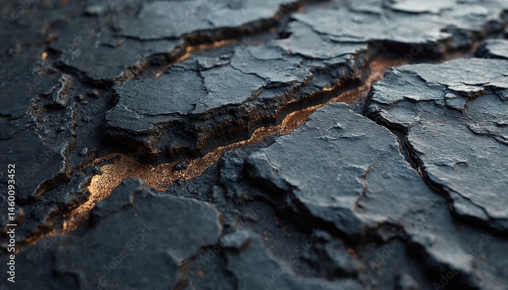 Poster close-up image shows natural black charcoal slate texture. rugged surface with intricate marbling, i