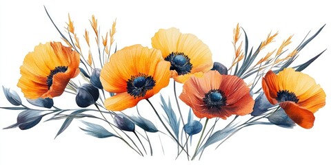 Obraz premium Watercolor Painting of Vibrant Autumn Poppies and Wild Grasses Bouquet, Isolated on White Background, Botanical Illustration