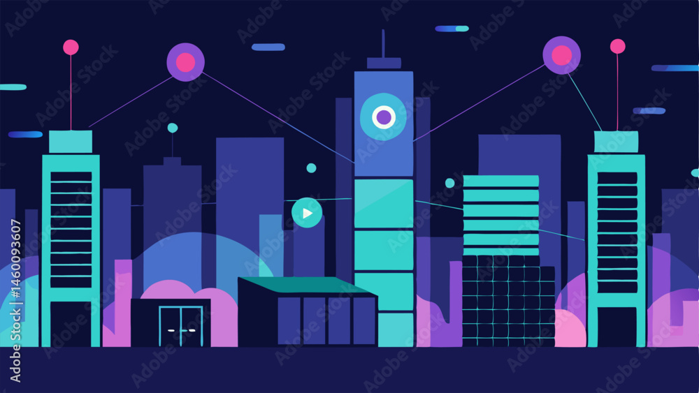 Aufkleber future communication depict futuristic cityscapes with glowing communication lines connecting buildi