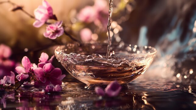 Water pouring into glass bowl among flowers for elegant splash detail macro liquid luxury refreshment photo