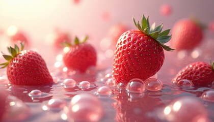 Abstract art illustration. Floating red strawberries with bubbles. Bright colors, soft warm light. Fresh, sweet, juicy fruit in dreamy scene. Delicious organic summer berries. Wellness concept for