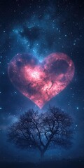 Heart-shaped celestial body above a solitary tree at night