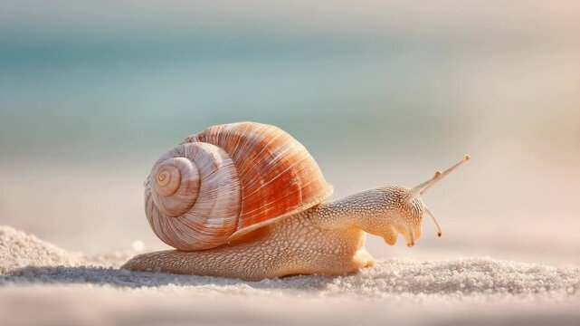Slow-moving snail with a detailed shell crawling on white sand, softly blurred light-blue ocean in background, macro lens nature photography.