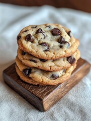 Stack of freshly baked chocolate chip cookies on a wooden coaster. the cookies are golden brown and appear to be soft and chewy.