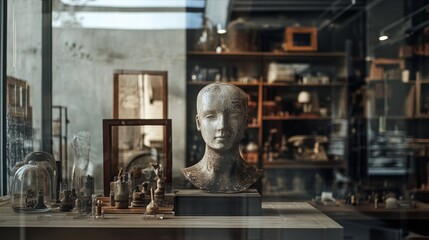 Museum antique gallery with artifacts and sculptures for historical exhibition classic cultural knowledge preservation scene