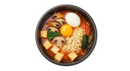 A bowl of korean ramen with tofu, egg, mushrooms, and seaweed, served on a dark surface from above view