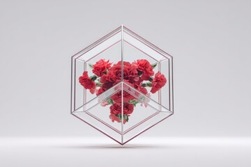 Geometric Cube Displays Vibrant Red Carnations, Creating a Striking Focal Point in Contemporary Floral Art