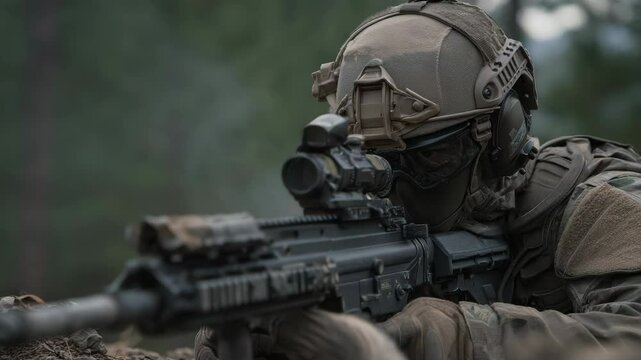 Soldier lies in wait aiming rifle with scope in woodland. Modern army infantryman in combat gear with helmet and weapon