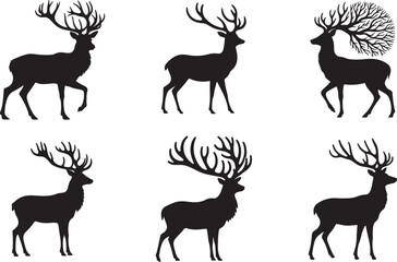 A Collection of Silhouetted Deer Images Featuring Varied Antler Styles and Poses in Black