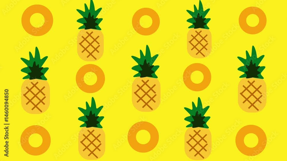 Poster multiple pineapples arranged in a structured grid with rings and bright yellow background, giving of