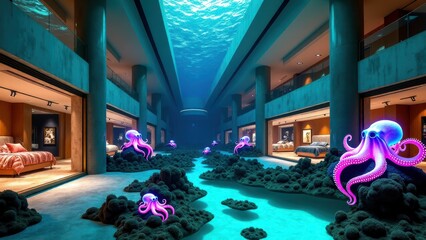 Underwater Shopping Mall With Octopuses