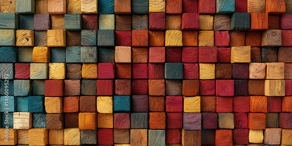 Poster Colorful wooden cube texture, forming a geometric pattern background suitable for various design applications, showcasing a warm and rustic aesthetic