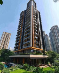Obraz premium Modern high-rise apartment building, city skyline, pool, garden