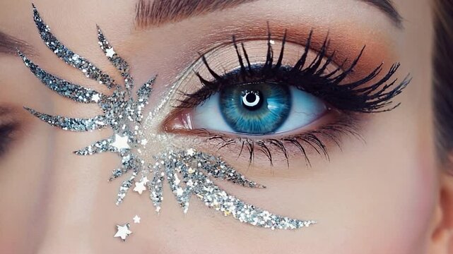 Closeup artistry makeup design, face artistry, glitter stars, eye makeup