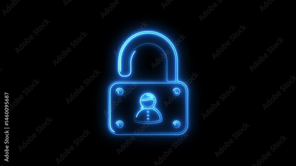 Poster glowing neon padlock animation with user icon on black background for cyber security