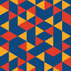  Isometric pattern in flat design style featuring geometric shapes like cubes, triangles, and hexagons. Uses bold primary colors—red, yellow, and blue. Perfect for backgrounds design elements
