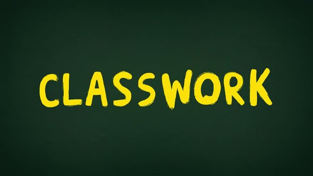 Looping animation showing the word “CLASSWORK” written in bold yellow hand-drawn letters on a dark chalkboard-style background. Suitable for educational content, school intros, or lesson titles.