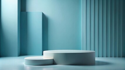 Minimalist Pastel Blue Room With Two-Tiered Cylinder Podium