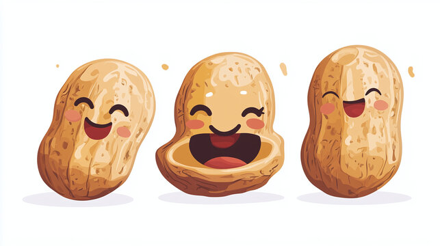 Digital illustration set of three cartoon peanuts with expressive faces, showcasing a happy and cheerful theme.