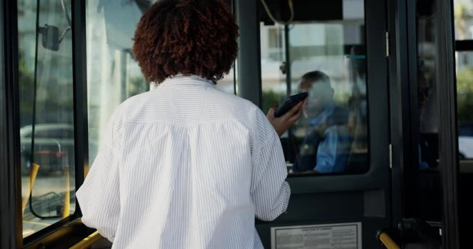 Bus, stop and back of woman enter and pay ticket for journey, travel and morning commute in city. Public transport, passenger service and person boarding at station on vehicle for trip in urban town