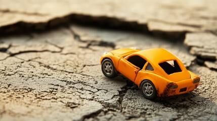 Yellow toy car on cracked desert ground for adventure nostalgia playtime childhood transportation escape dry texture