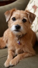 Adorable Terrier Mix Resting Peacefully on a Sofa Indoor Home Pet Portrait with Collar