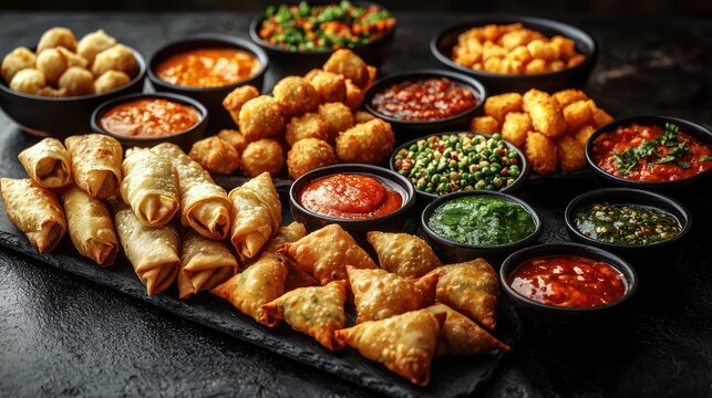 Assorted appetizers and dipping sauces on a slate platter.