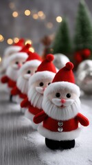 Cute Santa Claus Figures Lined Up on Snowy Surface with Holiday Decorations