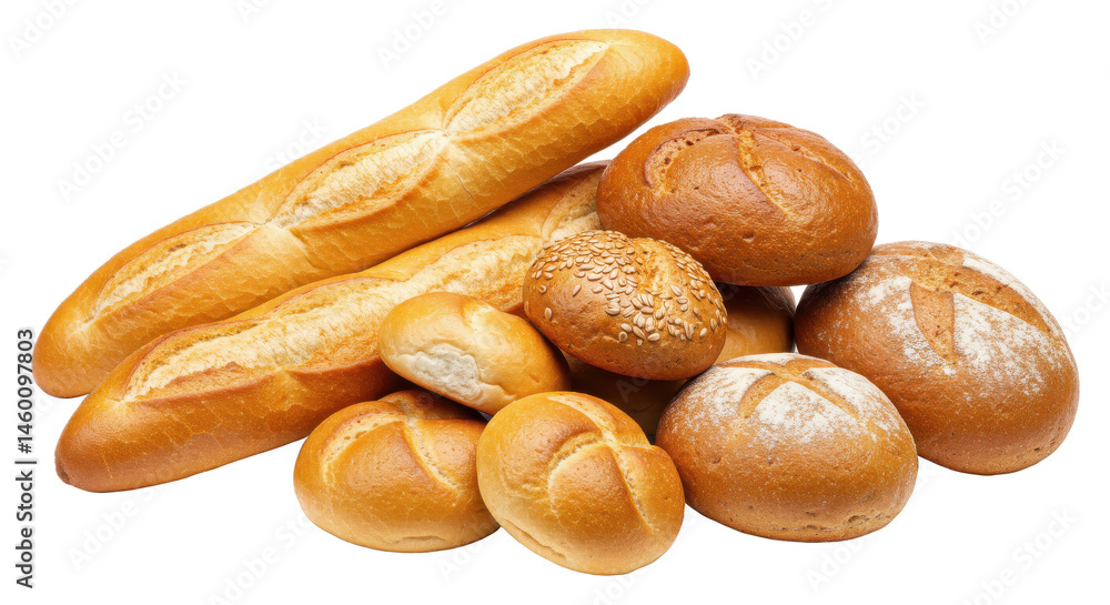 Poster a selection of freshly baked bread loaves and rolls displayed in a rustic and appetizing arrangement