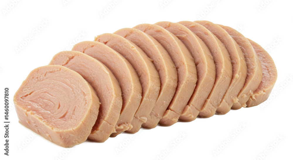 Poster close up of sliced meat loaf showing texture and arrangement on a white surface with a dark backgrou