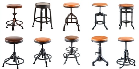 A Collection of Twelve Stylish Industrial Bar Stools with Brown Leather Seats and Black Metal Frames:  Perfect for Home Bars, Kitchens, or Restaurants