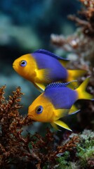 Fototapeta premium Two Damsel Fish Swimming Near Coral Reef, Underwater Marine Life