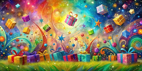 Fototapeta premium A magical celebration with presents and stars, swirling with vibrant colors and a joyful spirit