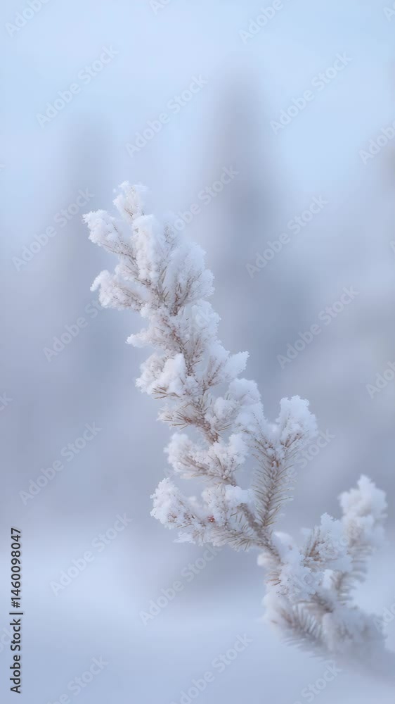Aufkleber close-up of an evergreen branch covered in snow crystals with a soft pale blue background creating a