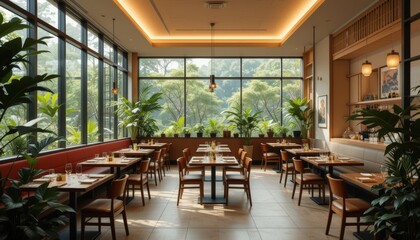 Fototapeta premium Bright Restaurant with Forest Views and Indoor Plants