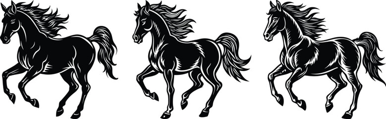 Three Majestic Black Horses Running Silhouettes Clipart Design