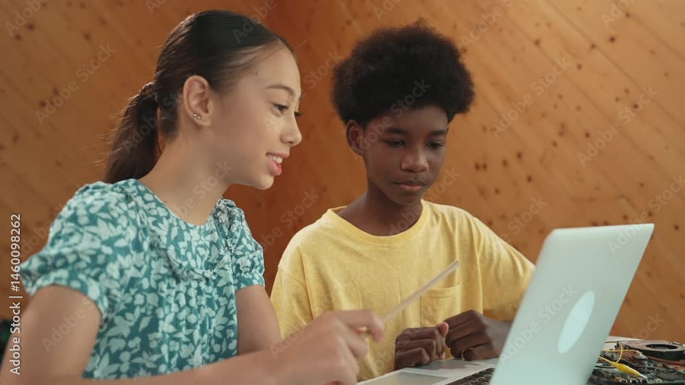 Poster site view of african boy and caucasian girl in casual cloth working together to coding prompt or pro
