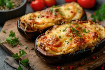 eggplants stuffed with beef meat and au gratin with cheese on wooden board with tomato and herbs spices