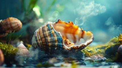 Sea shell in fantasy glowing environment for marine nature artistic background dreamy coastal decor light concept