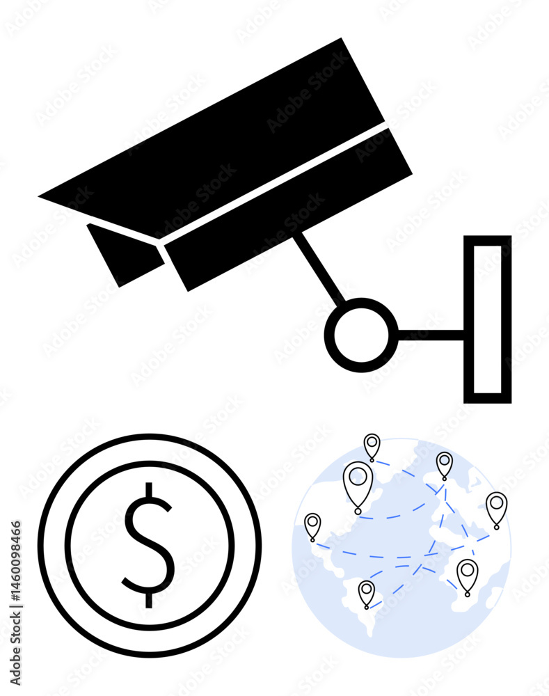 Poster camera monitoring, coin with dollar sign for finances, global map with location pins for internation