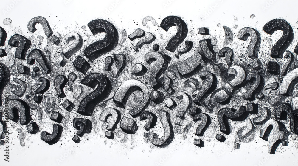 Poster Intricate grayscale illustration of numerous question marks, creating a dense, textured pattern symbolizing uncertainty, inquiry, and the search for answers